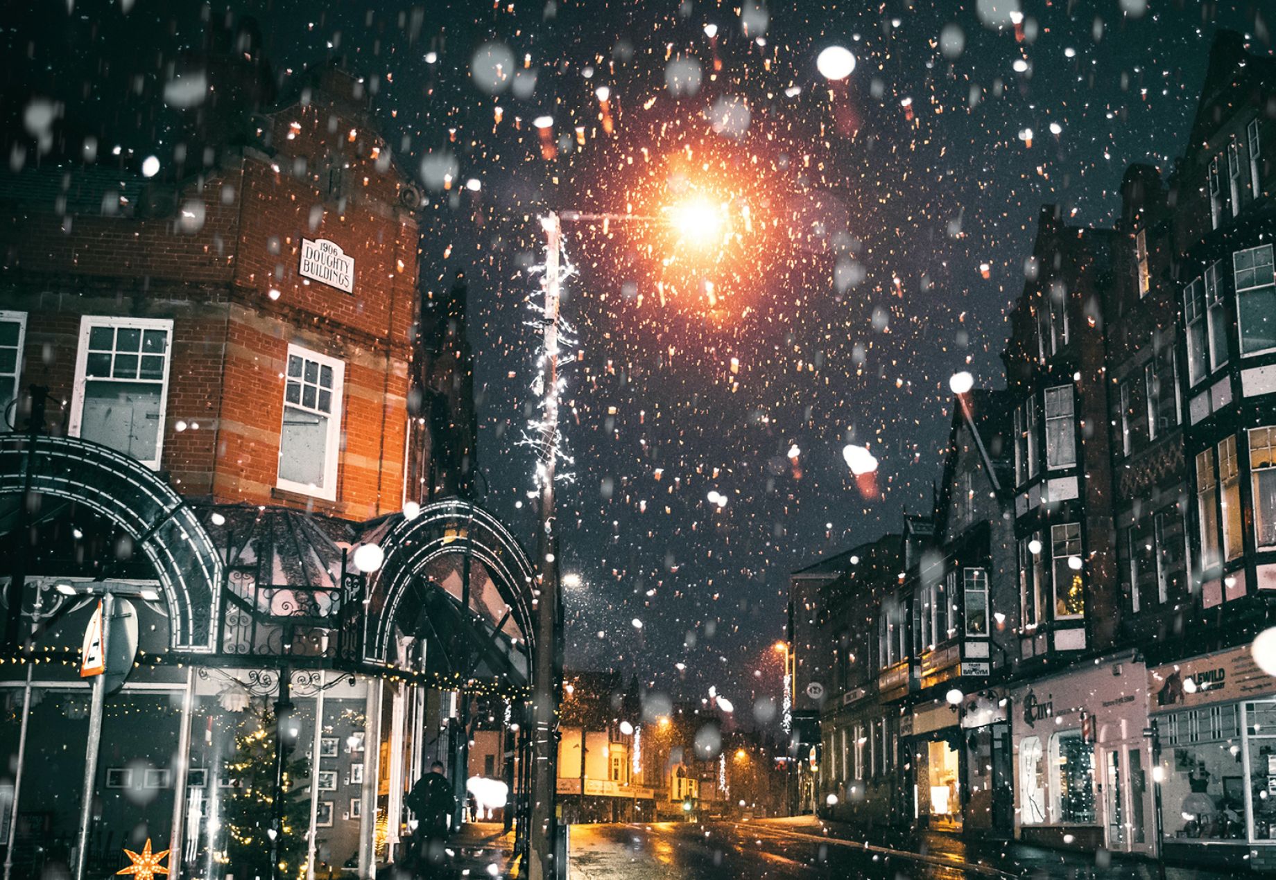 Street scene with lamppost in the rain