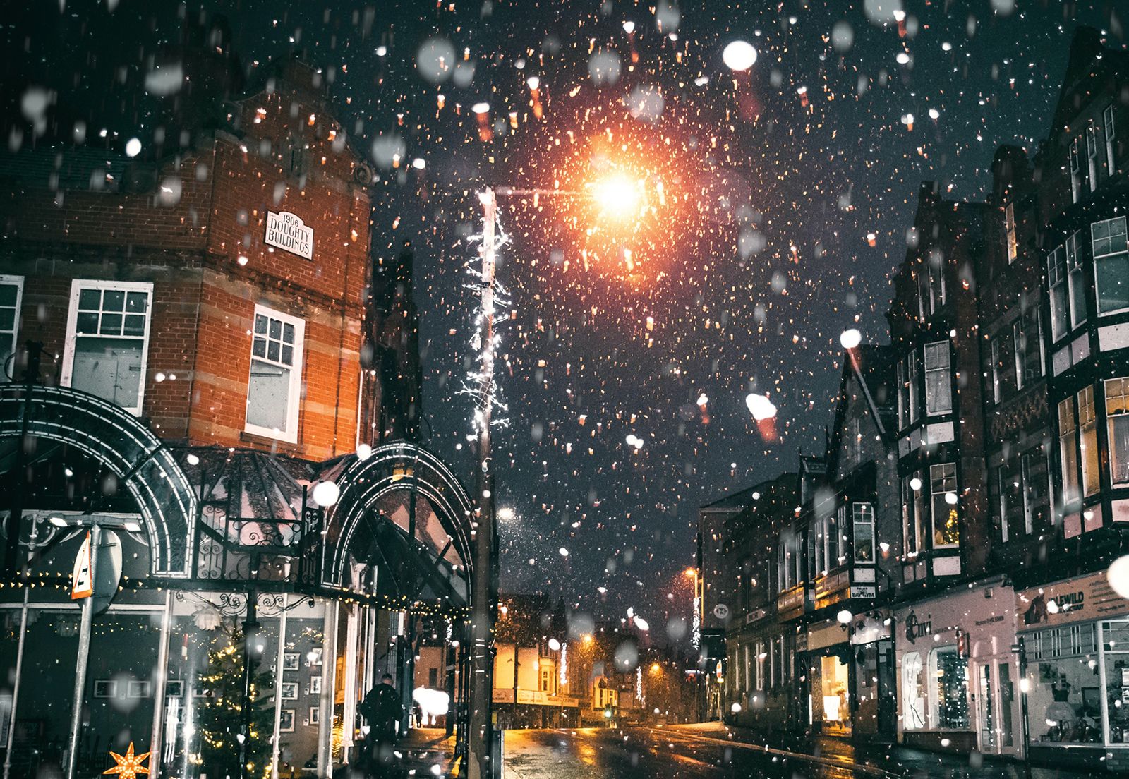 Street scene with lamppost in the rain
