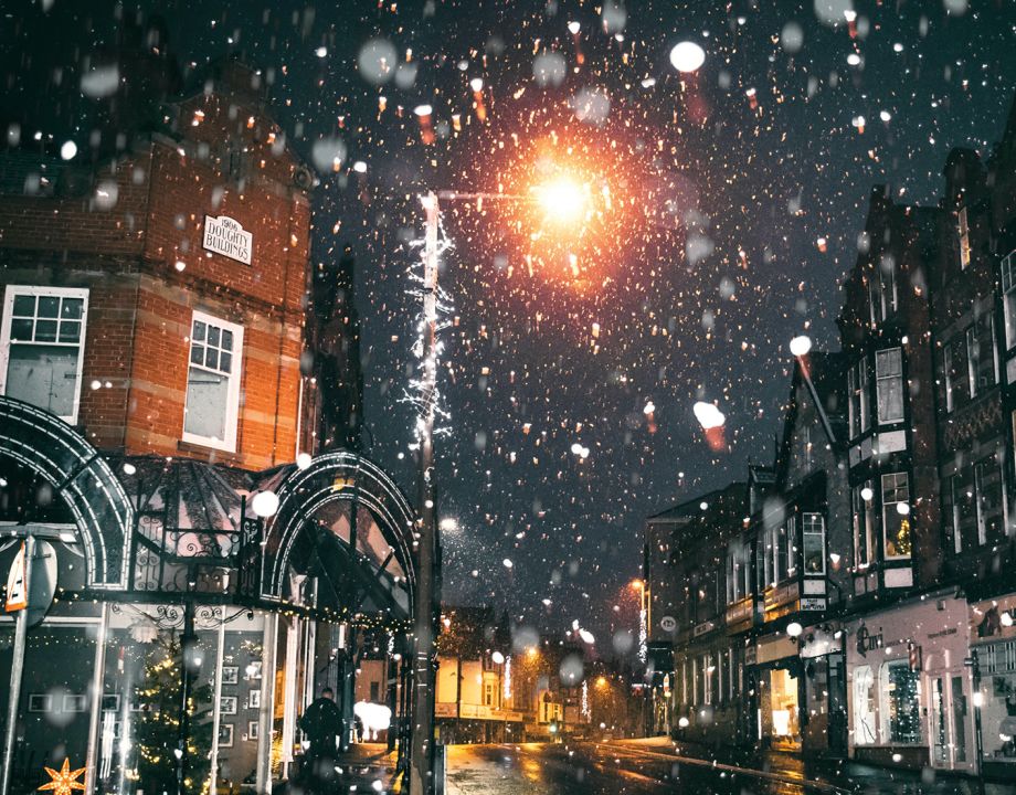 Street scene with lamppost in the rain